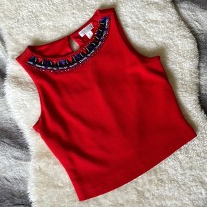 BISOU BISOU Michele Bohbot Bright Red Sleeveless Textured Top with Beading